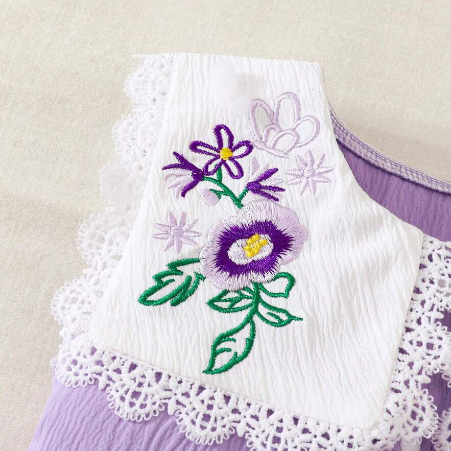 Sweet Floral Embroidery Ruffle Lace Sleeveless Baby Romper