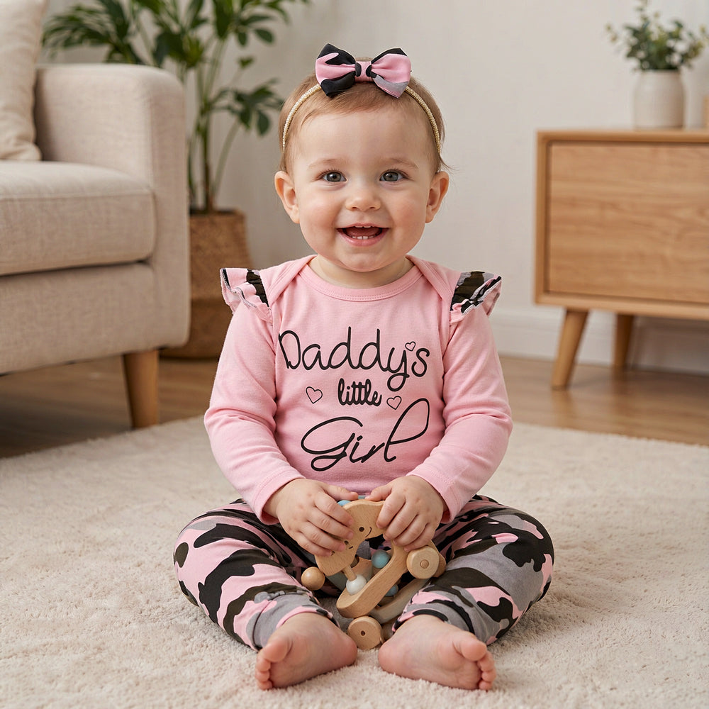3PCS Daddy's Little Girl Letter Printed Rufffled Romper With Camouflage Printed Bowknot Pants Baby Girl Set