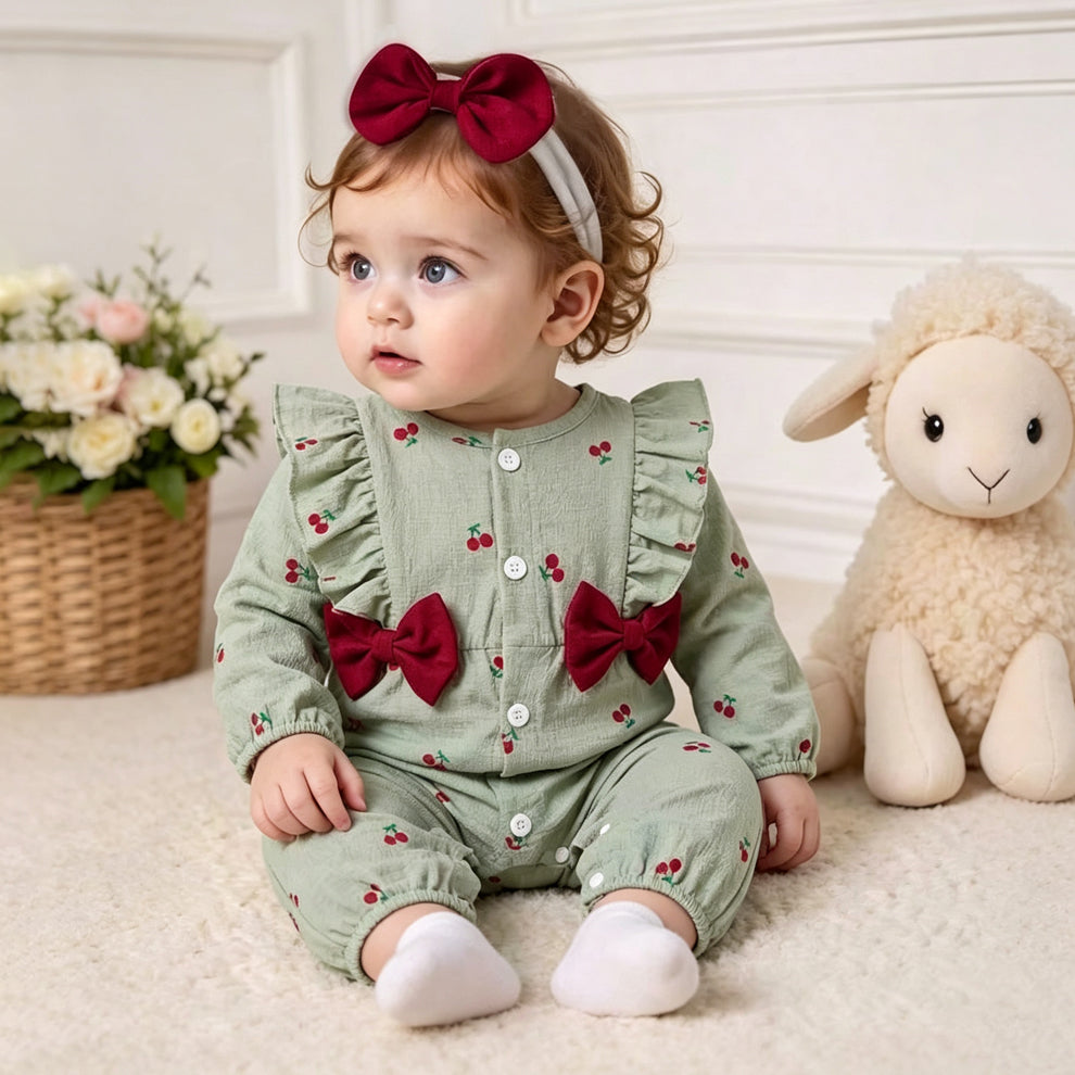 2PCS Allover Cherry Printed Ruffle Long Sleeve Baby Girl Jumpsuit