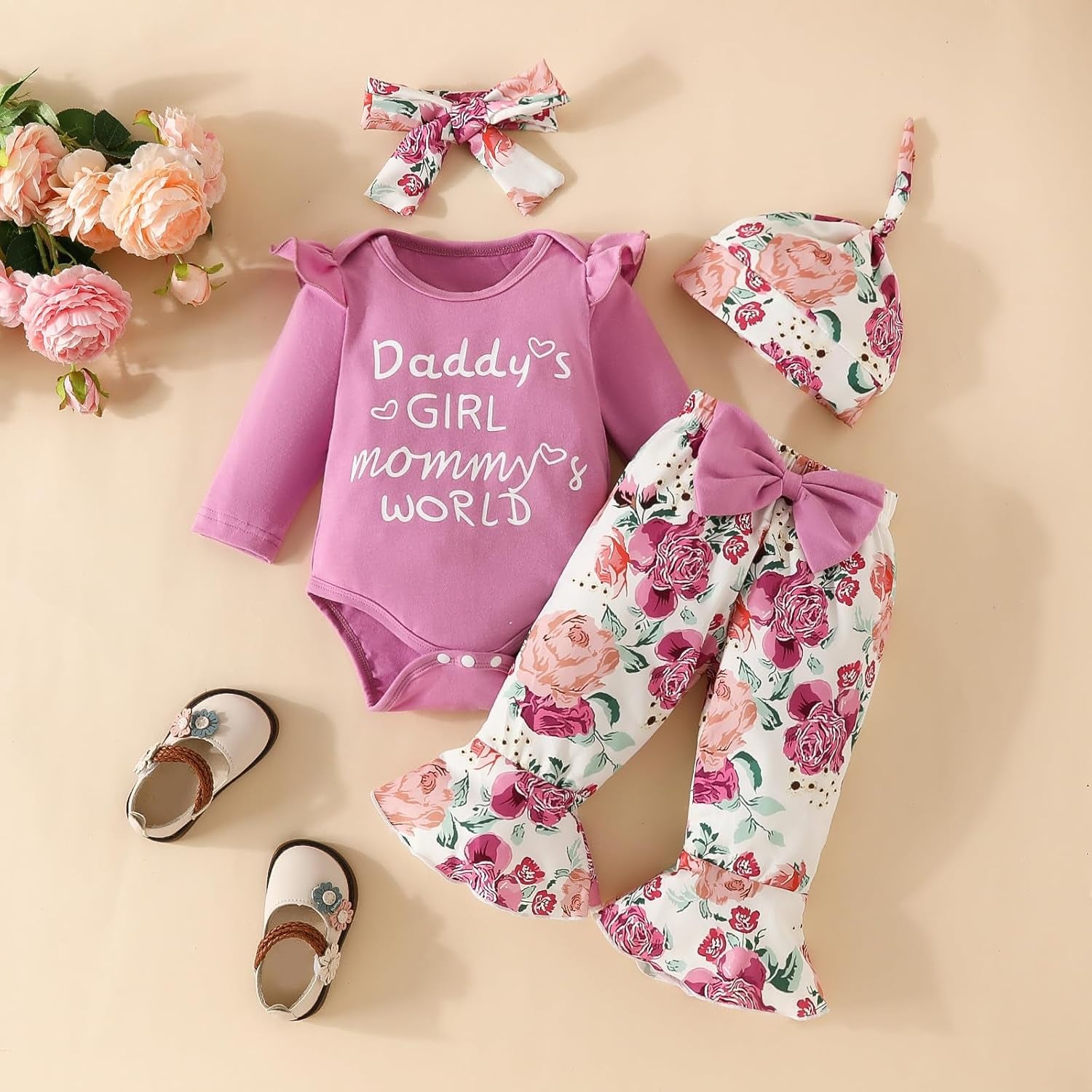 4PCS Daddy's Girl Mommy's World Letter Floral Printed Baby Set