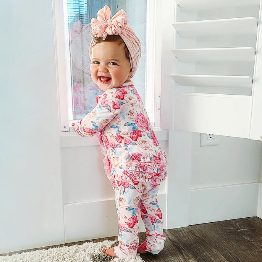 Stylish Pretty Floral Printed Ruffled Long Sleeve Baby Jumpsuit