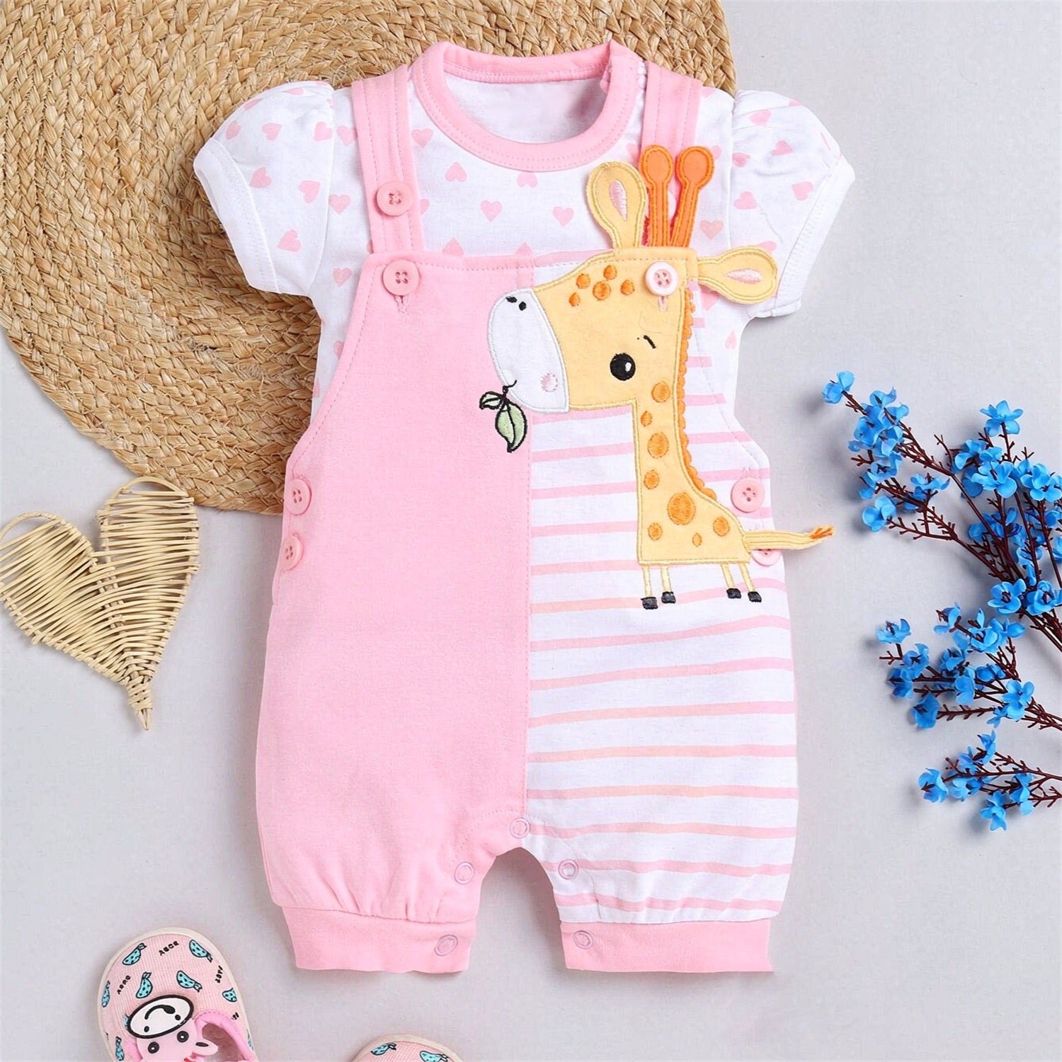 Cute Giraffe Embroidery Stripe Print Short Sleeve Baby Jumpsuit