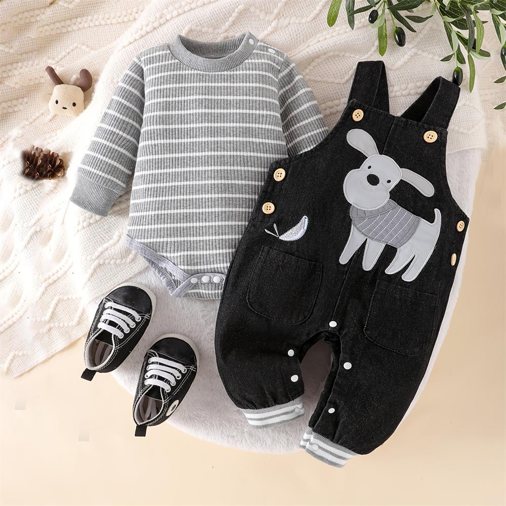 2PCS Cute Puppy Print Striped Long Sleeve Baby Set