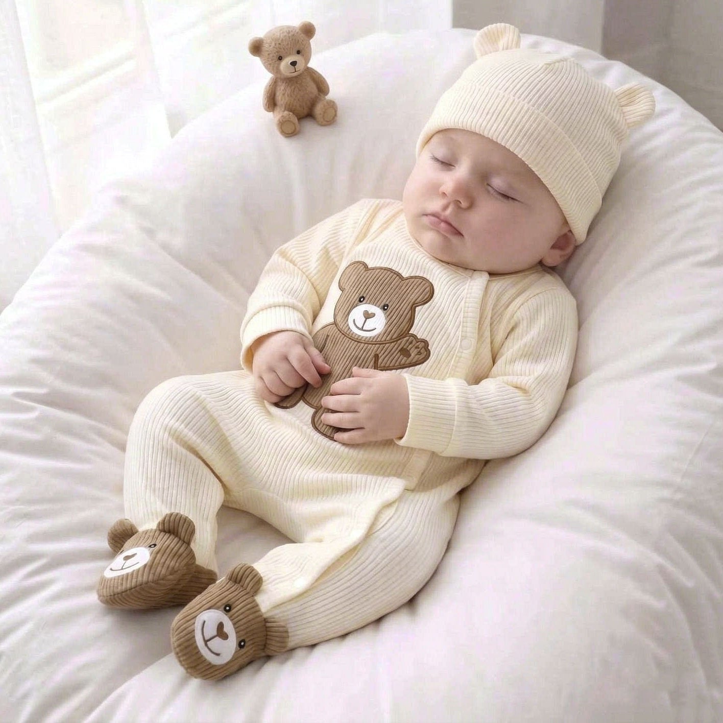 Lovely Bear Embroidered Knit Long Sleeve Baby Jumpsuit