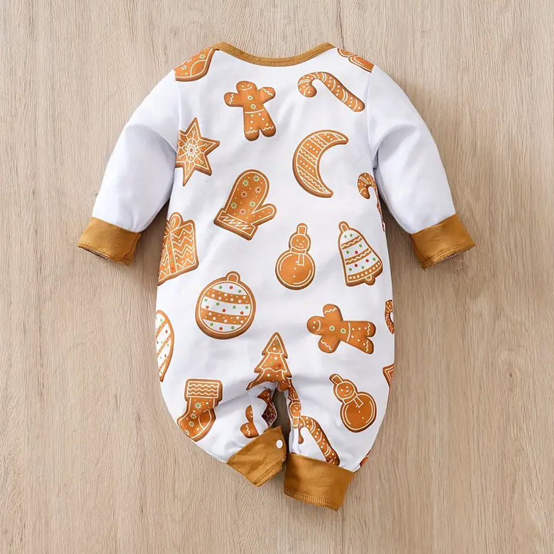 Lovely Christmas Gingerbread Printed Long Sleeve Baby Jumpsuit