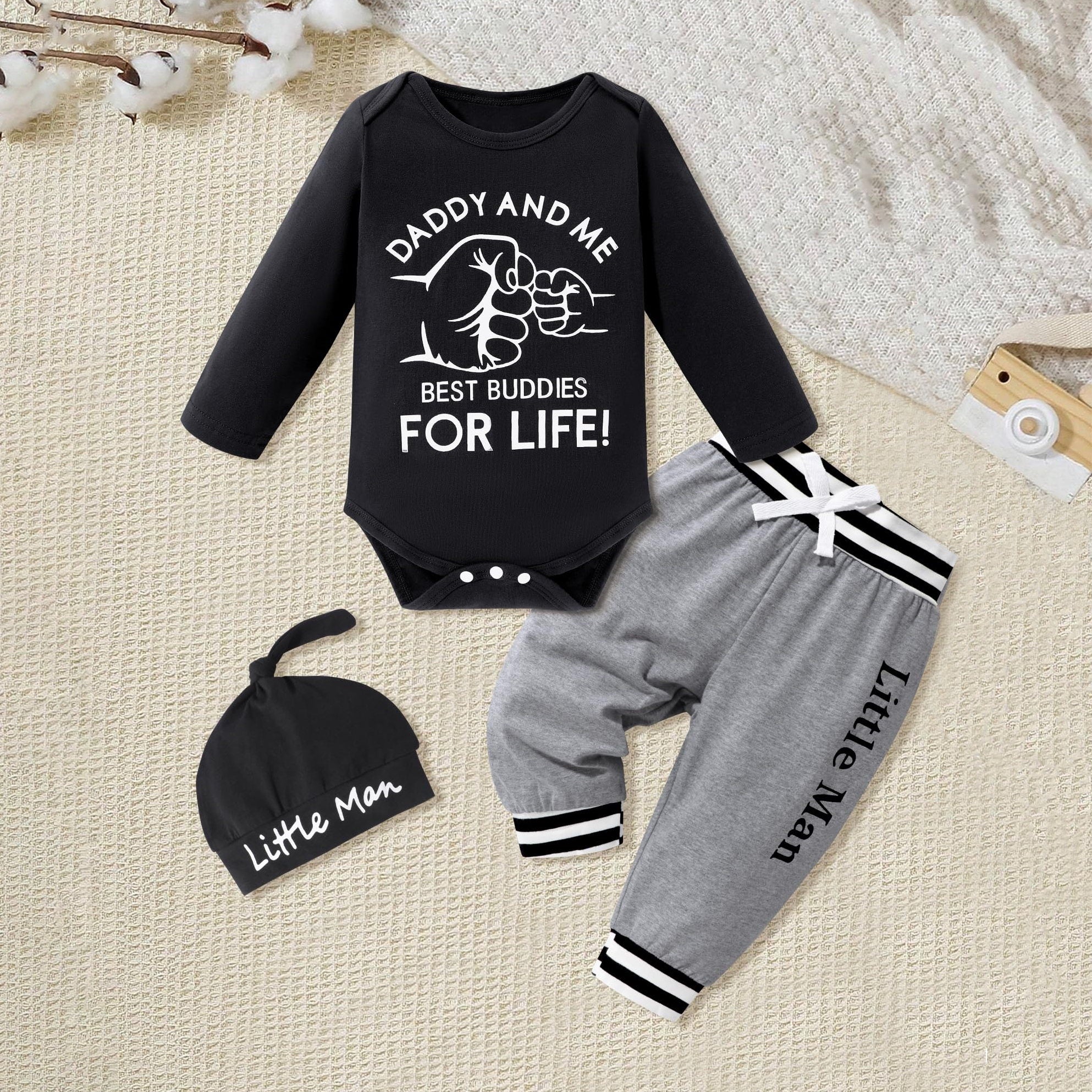 3PCS Cool Daddy And Me Best Buddies For Life Letter Printed Baby Set