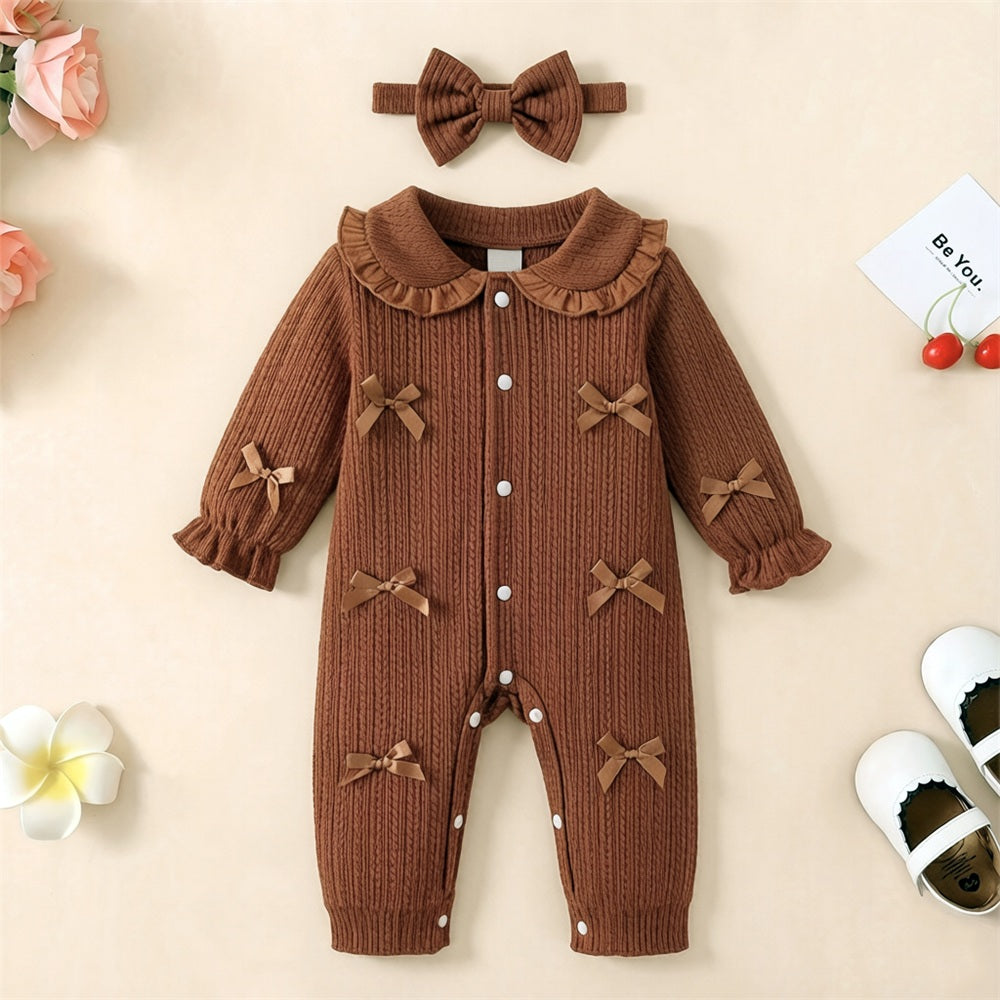 2PCS Lovely Solid Color Knit Bowknot Decor Baby Jumpsuit