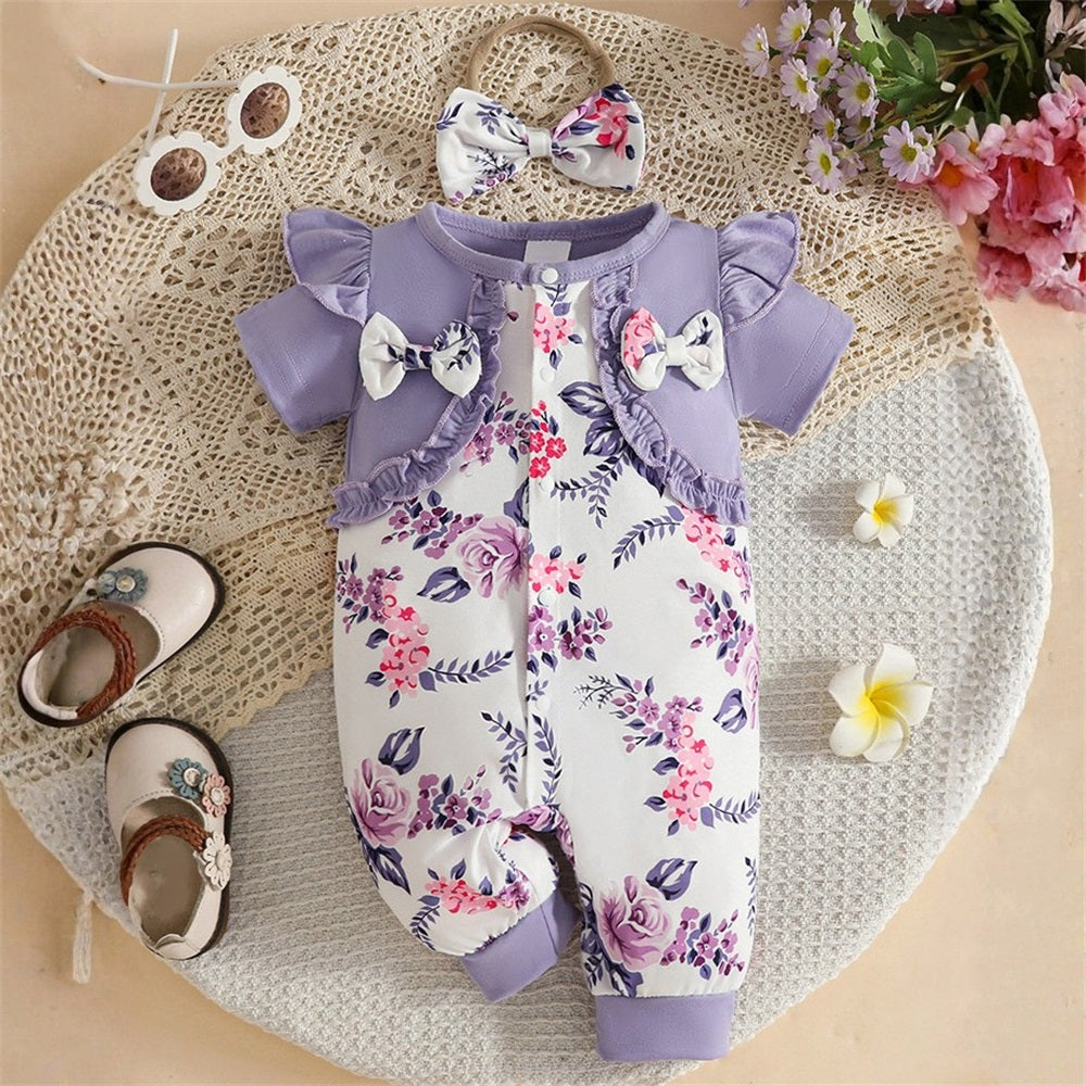 2PCS Floral Print Bow Frill Trim Short Sleeve Baby Jumpsuit