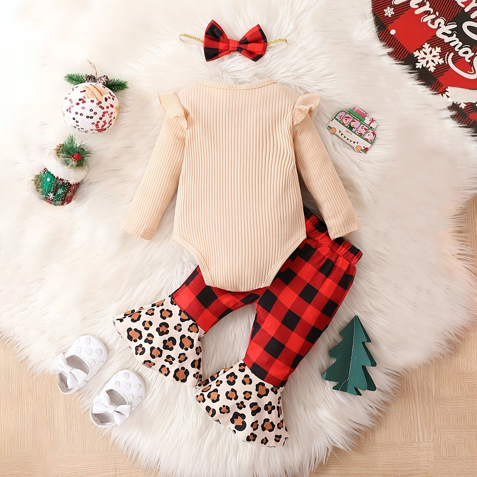 3PCS Mama's Bestie Letter Printed and Christmas Plaid Printed Baby Set