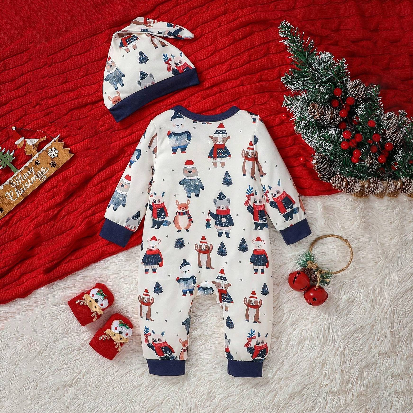 2PCS Various Bear Printed Long Sleeve Baby Jumpsuit