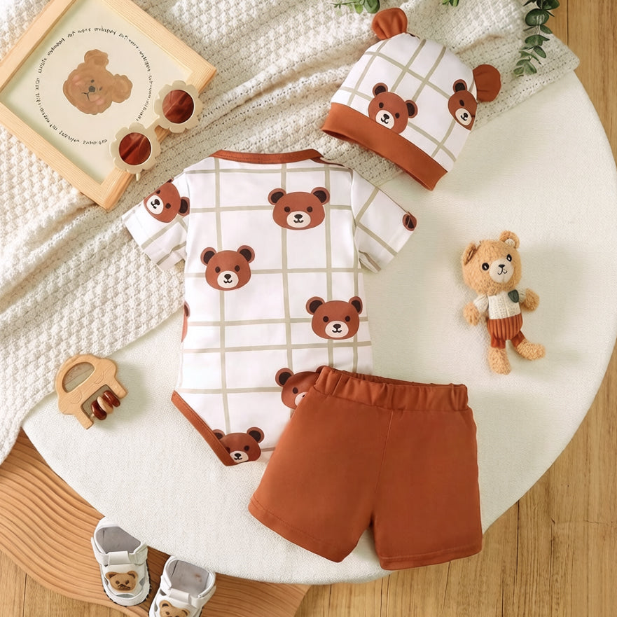 3PCS Cute Bear & Geometric Grid Print Short Sleeve Baby Set