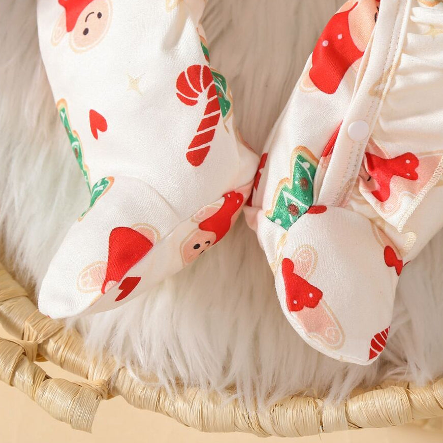 2PCS Gingerbread Man Bow Print Long Sleeve Christmas Baby Girl Jumpsuit
