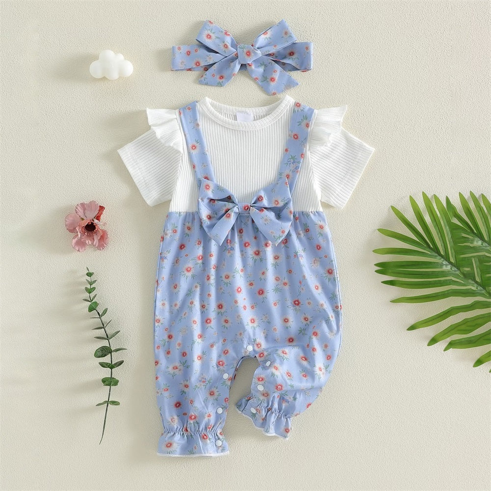 2PCS Adorable Floral Printed Bow Short Sleeve Baby Jumpsuit