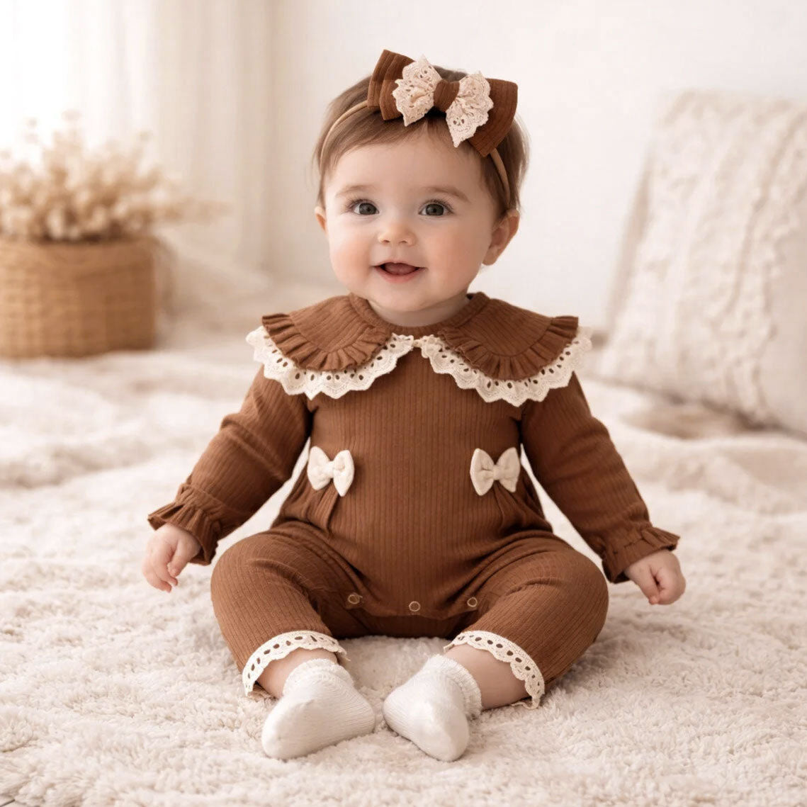 2PCS Lovely Solid Color Lace Bowknot Decor Baby Jumpsuit