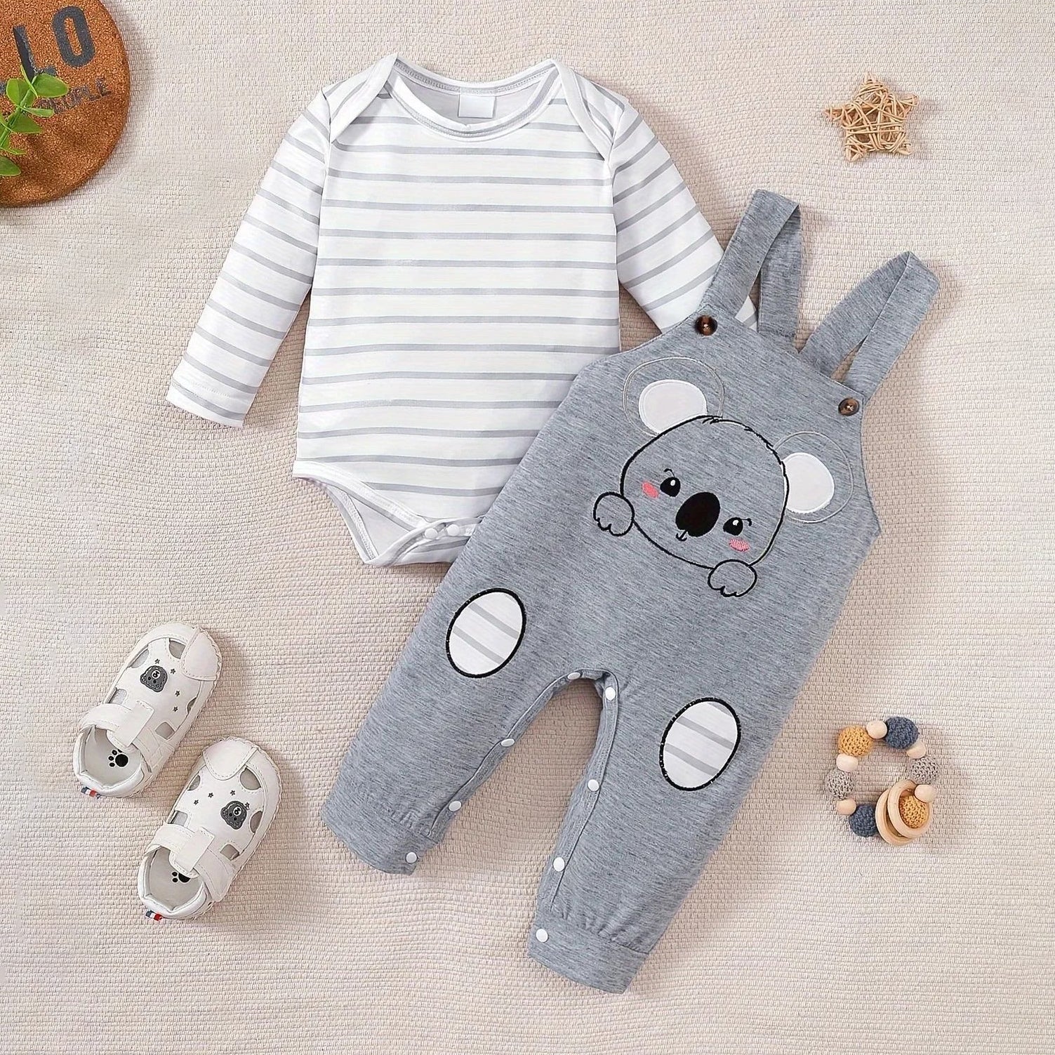 2PCS Koala Stripe Printed Overalls Baby Set
