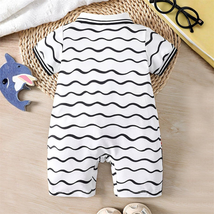 Summer Whale Printed Striped Short Sleeve Baby Jumpsuit