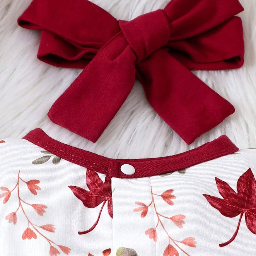 2PCS Allover Leaf Print Long Sleeve Baby Girl Jumpsuit