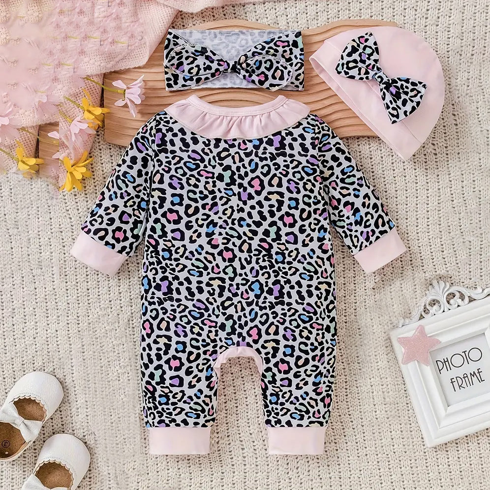 3PCS The Princess Has Arrived Letter Leopard Printed Baby Jumpsuit