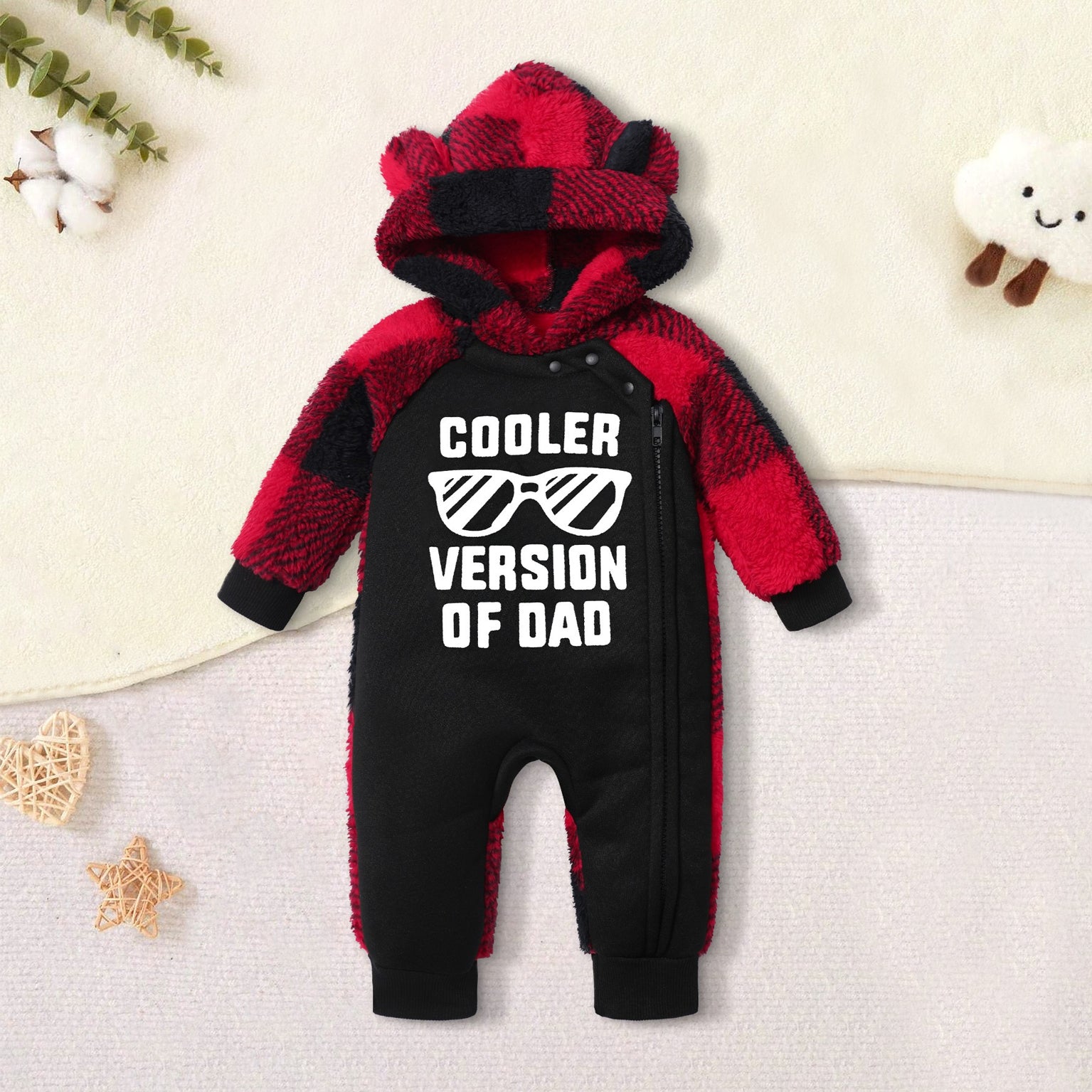 Cooler Version Of Dad Letter Printed Bear Ears Hooded Warm Furry Jumpsuit