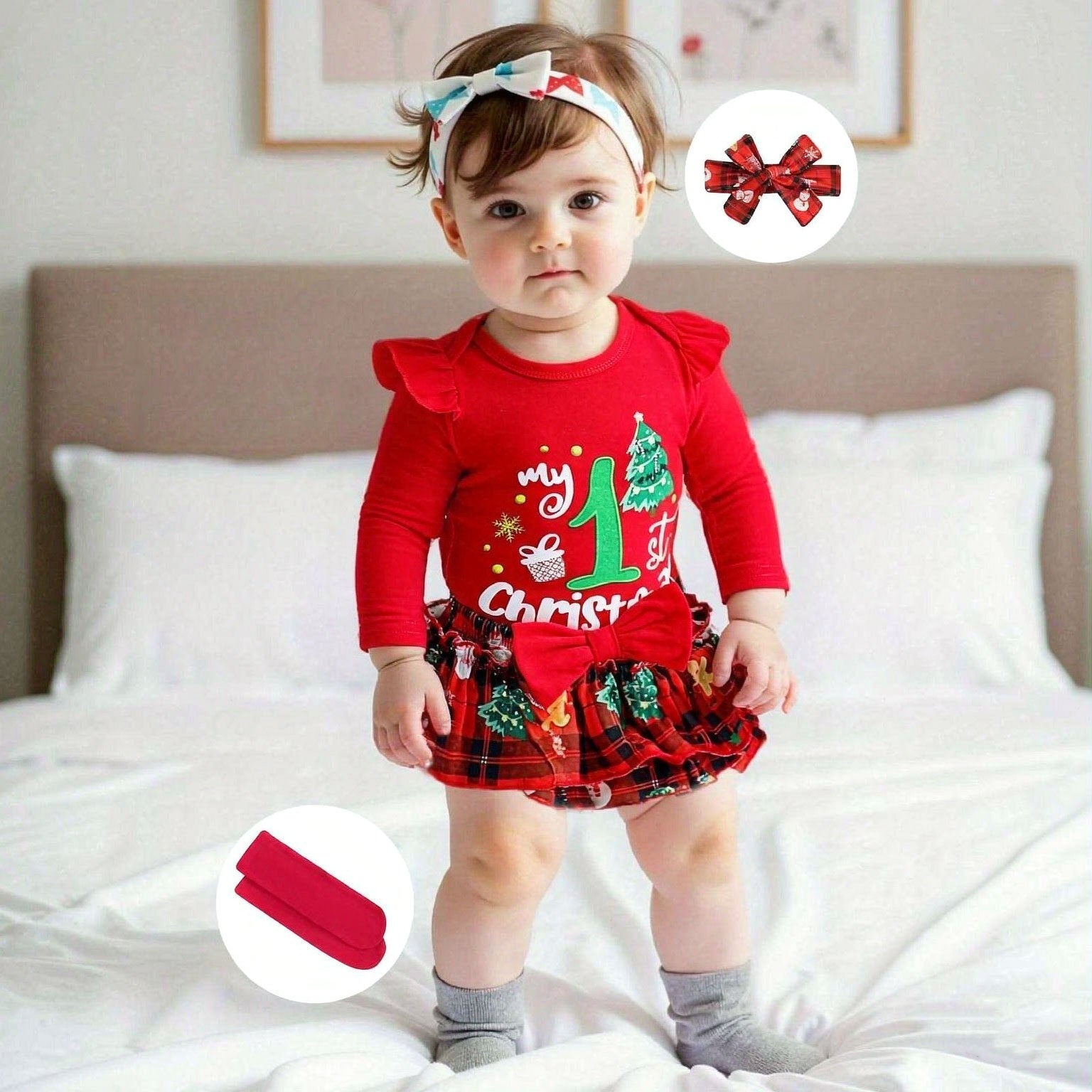 4PCS My 1st Christmas Letter Plaid Printed Long Sleeve Baby Set