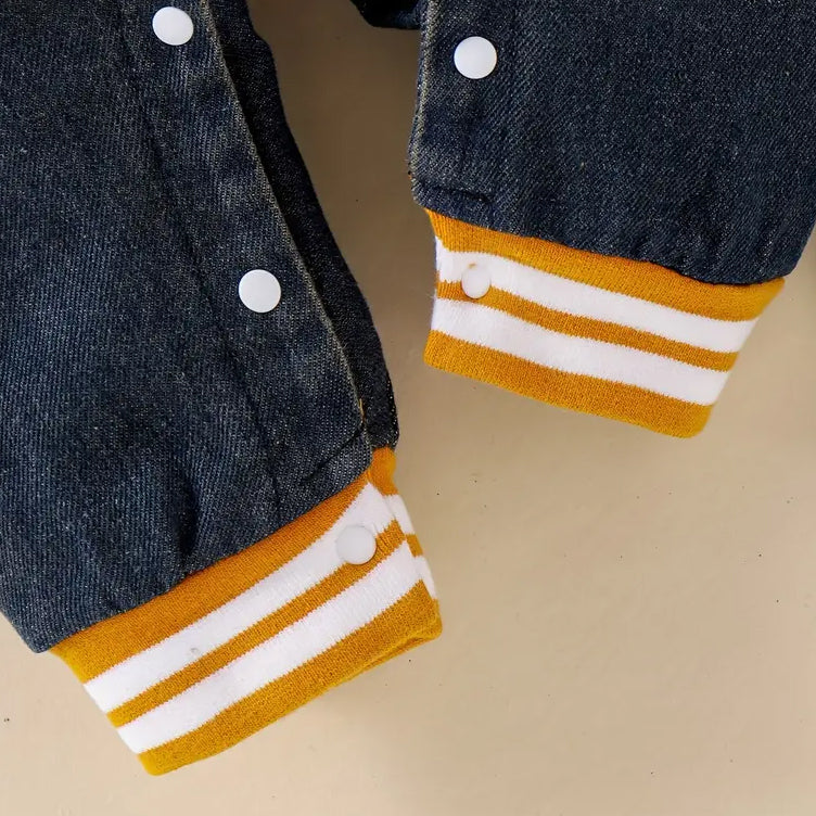 2PCS Puppy Embroidery Stripe Printed Denim Overalls Baby Set