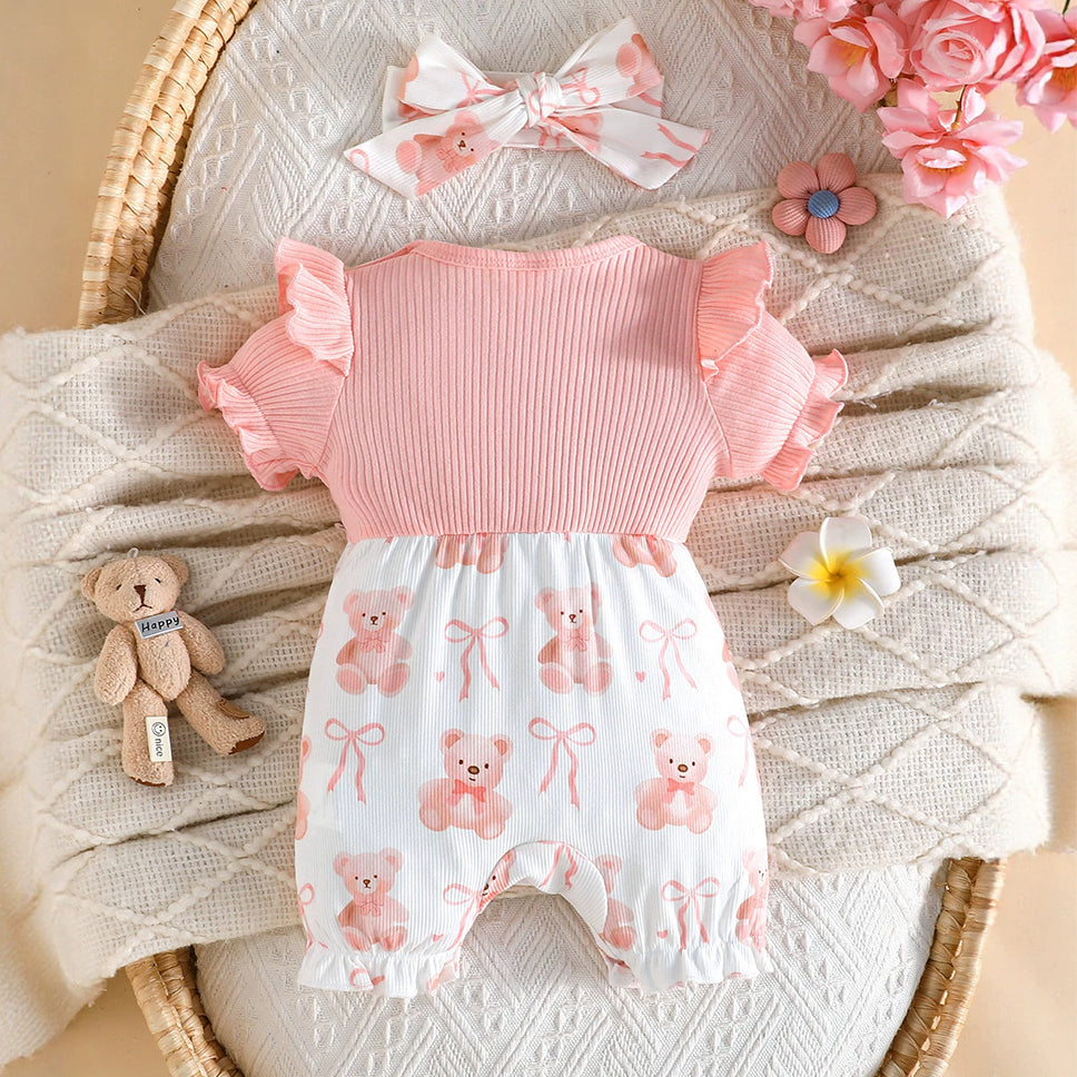 2PCS Baby Girl Teddy Bear Bow Print Faux Two Piece Short Sleeve Jumpsuit