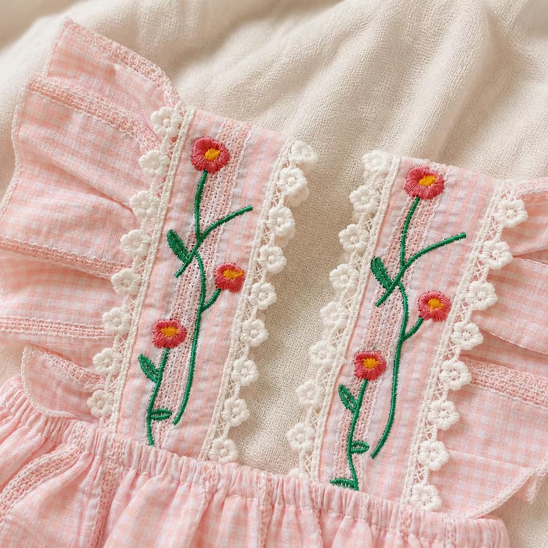 2PCS Lovely Floral Embroidery Flutter Sleeve Baby Romper
