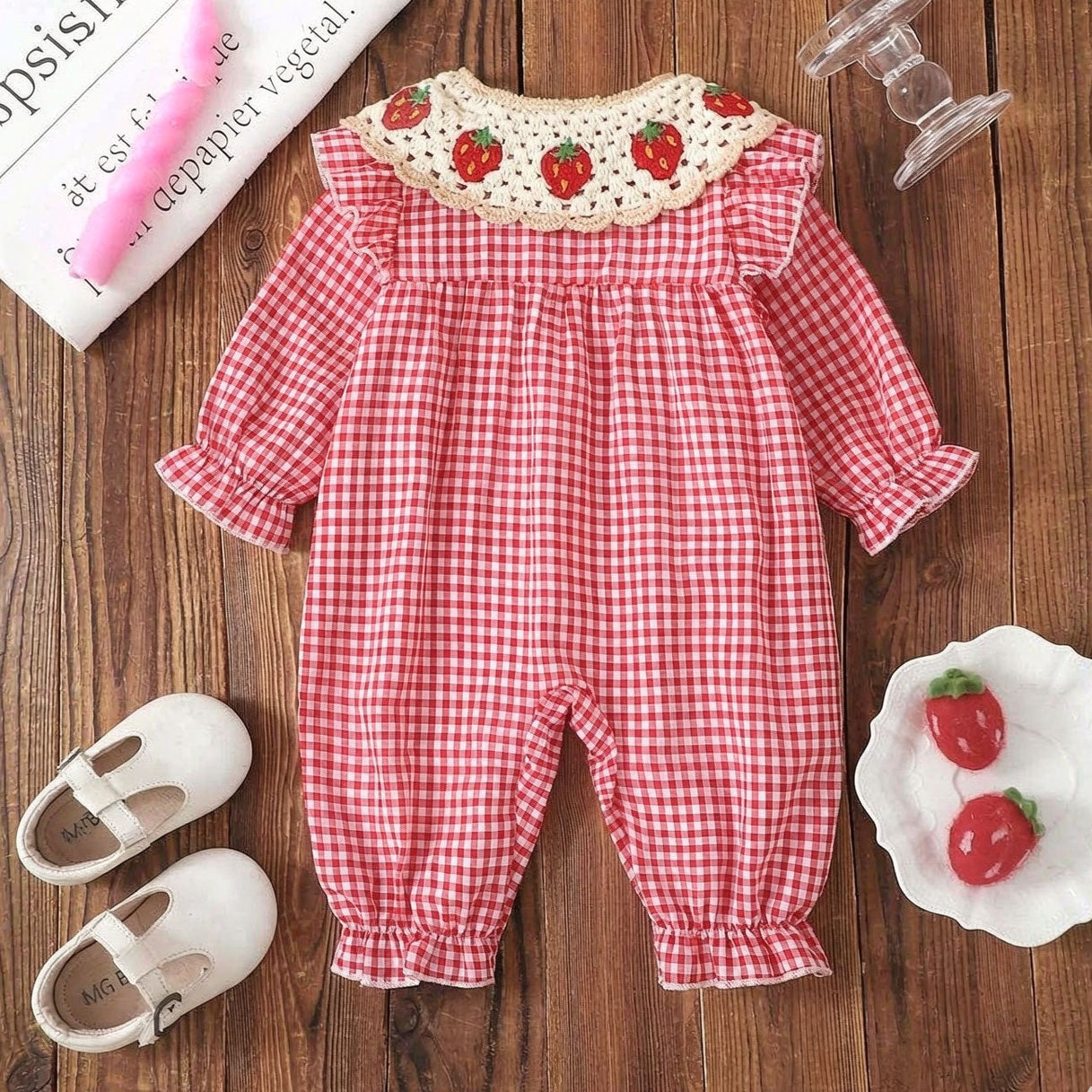 Bubbly Strawberry Plaid Printed Long Sleeve Baby Jumpsuit