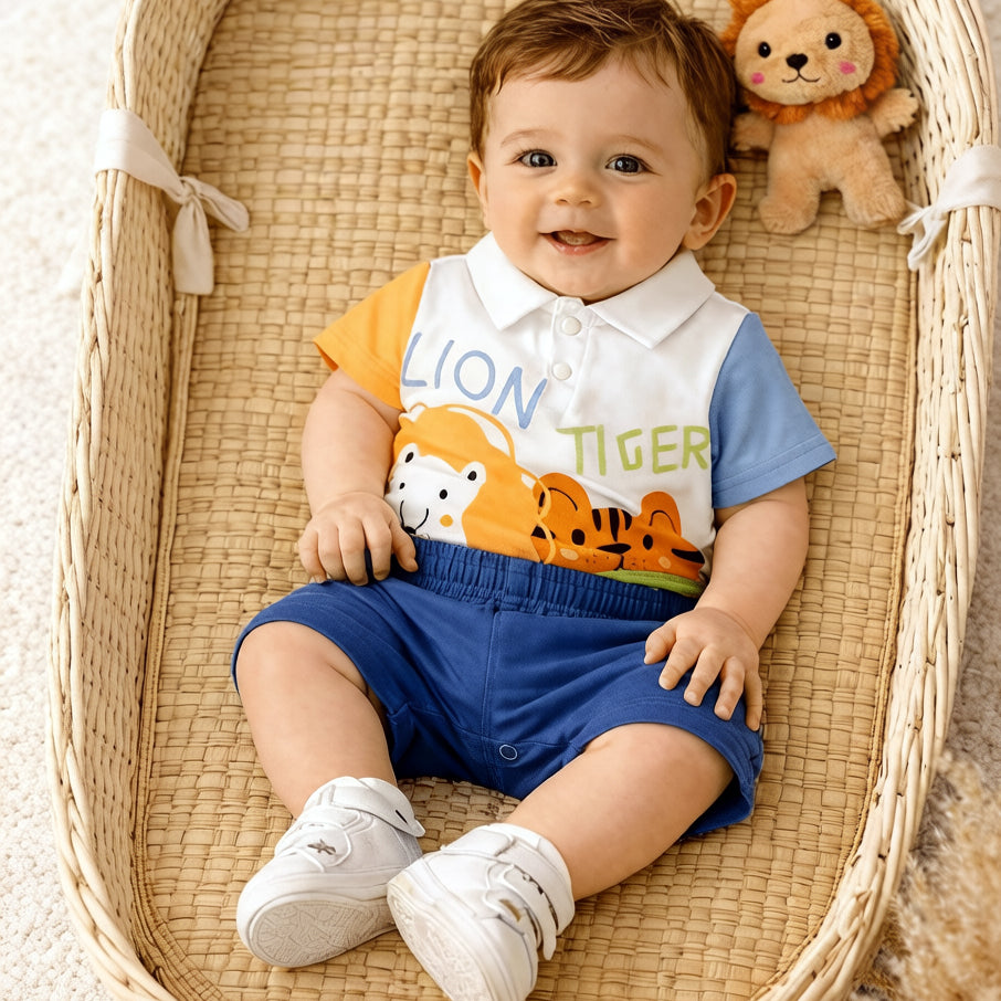 2PCS Cute Lion Tiger Printed Short Sleeve Baby Set