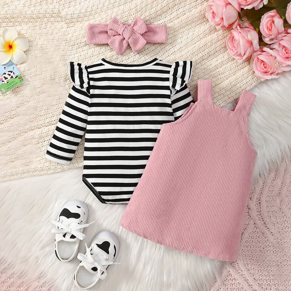 3PCS Cute Stripe Printed Cow Embroidery Corduroy Suspender Skirt Baby Set