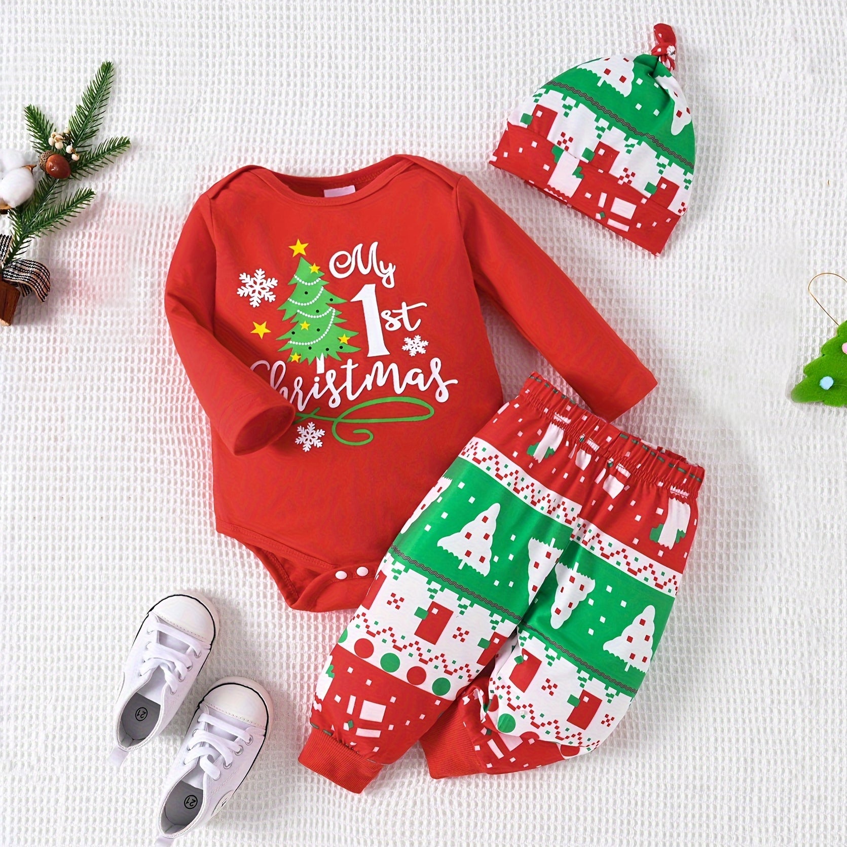 3PCS Casual My 1st Christmas Letter Tree Printed Baby Set