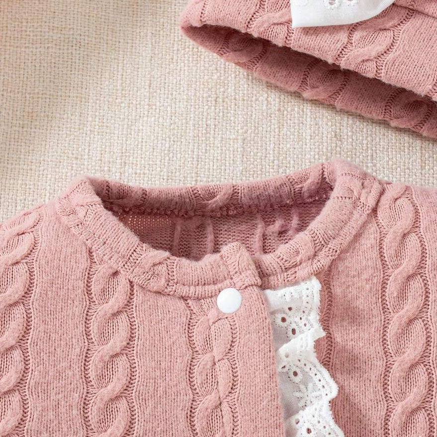 2PCS Solid Color Knit Lace Trim Long Sleeve Baby Girl Jumpsuit