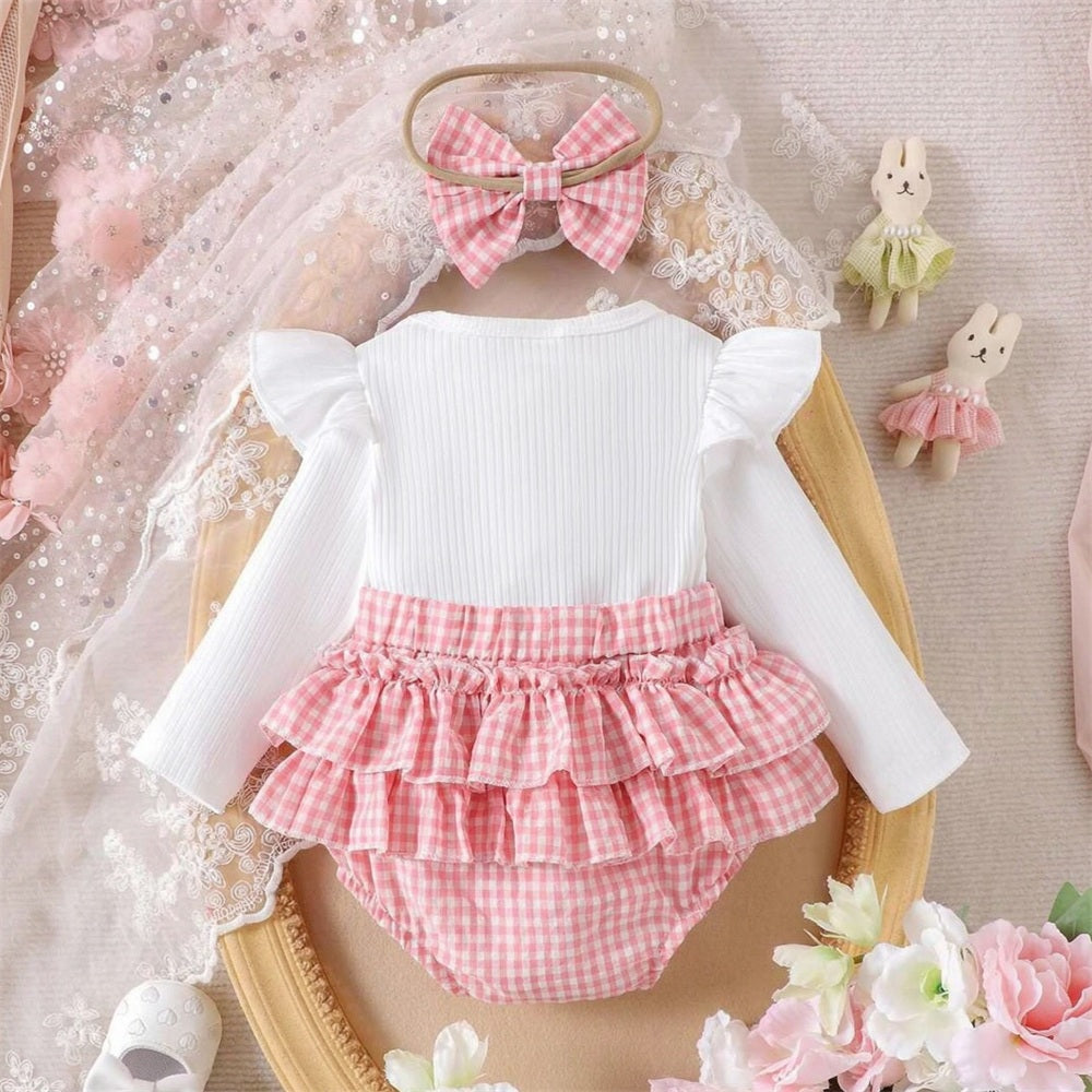 2PCS Bubbly Plaid Printed Long Sleeve Baby Romper