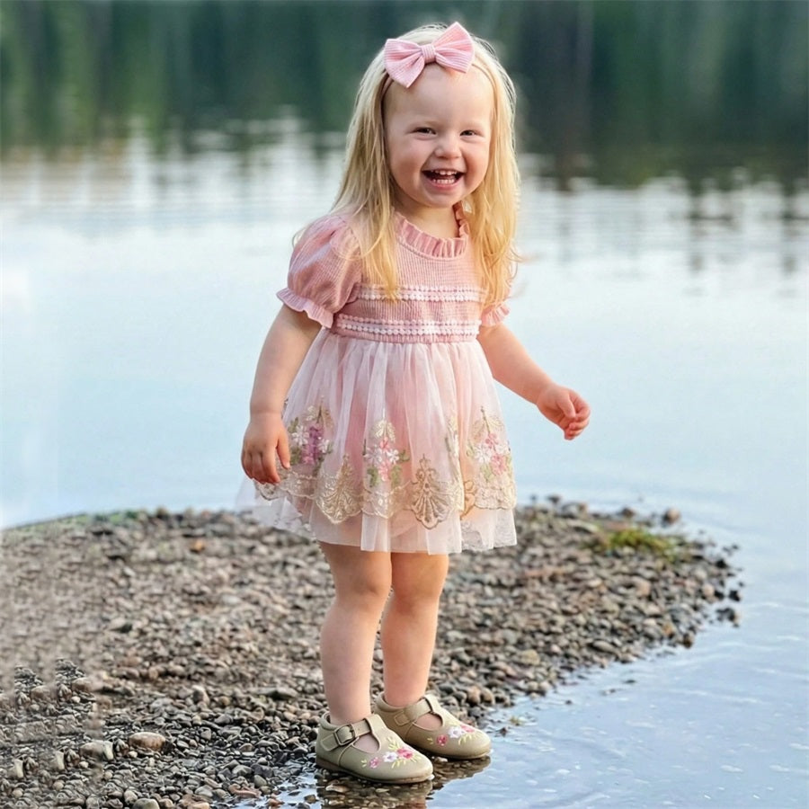 2PCS Summer Floral Embroidery Short Sleeve Lace Tulle Baby Romper