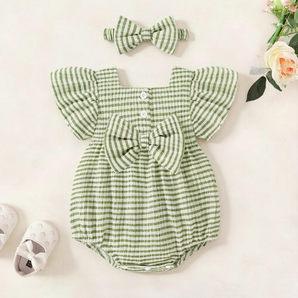 2PCS Comfy Stripe Print Bowknot Flutter Sleeve Baby Romper