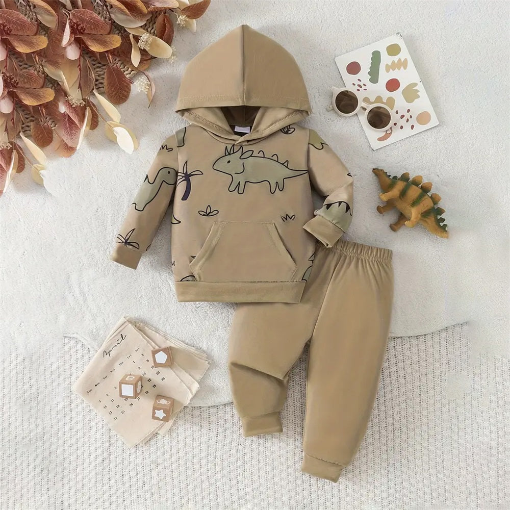 2PCS Boys' Cartoon Dinosaur Print Hooded Long Sleeve Baby Set