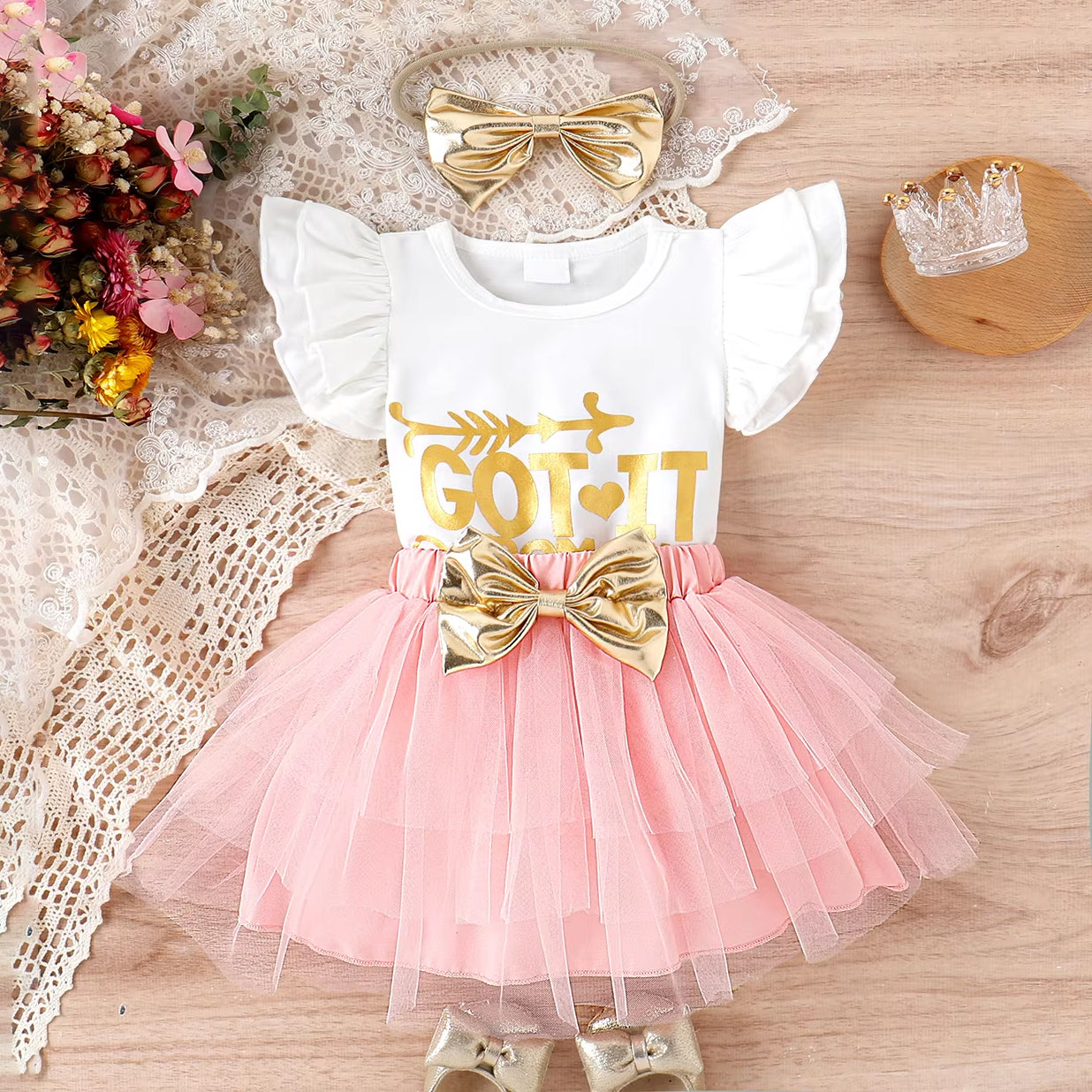 3PCS I Got It From My Mama Letter Print Flounce Sleeve Baby Set