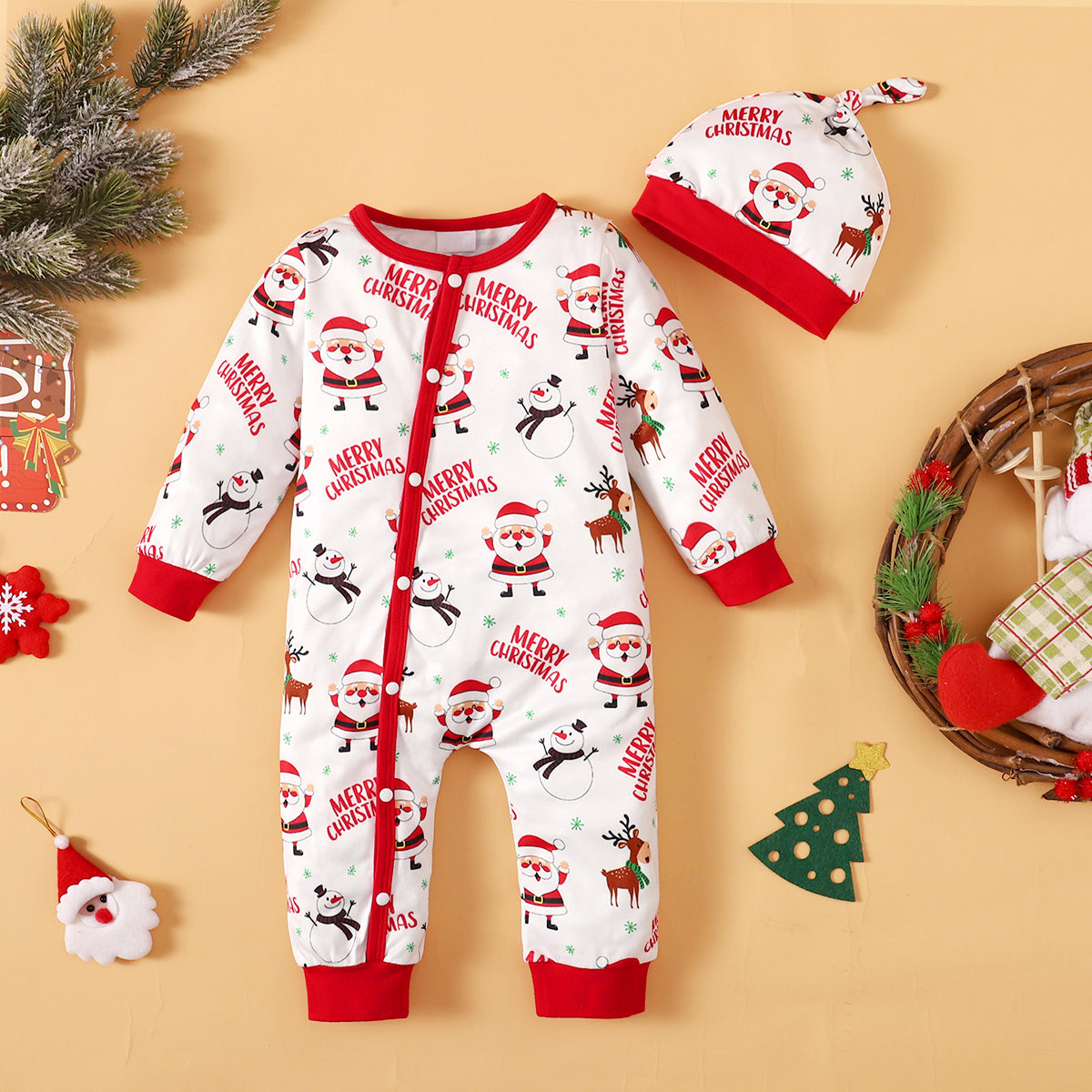 2PCS Merry Christmas Letter Santa Claus Printed Baby Jumpsuit With Hat