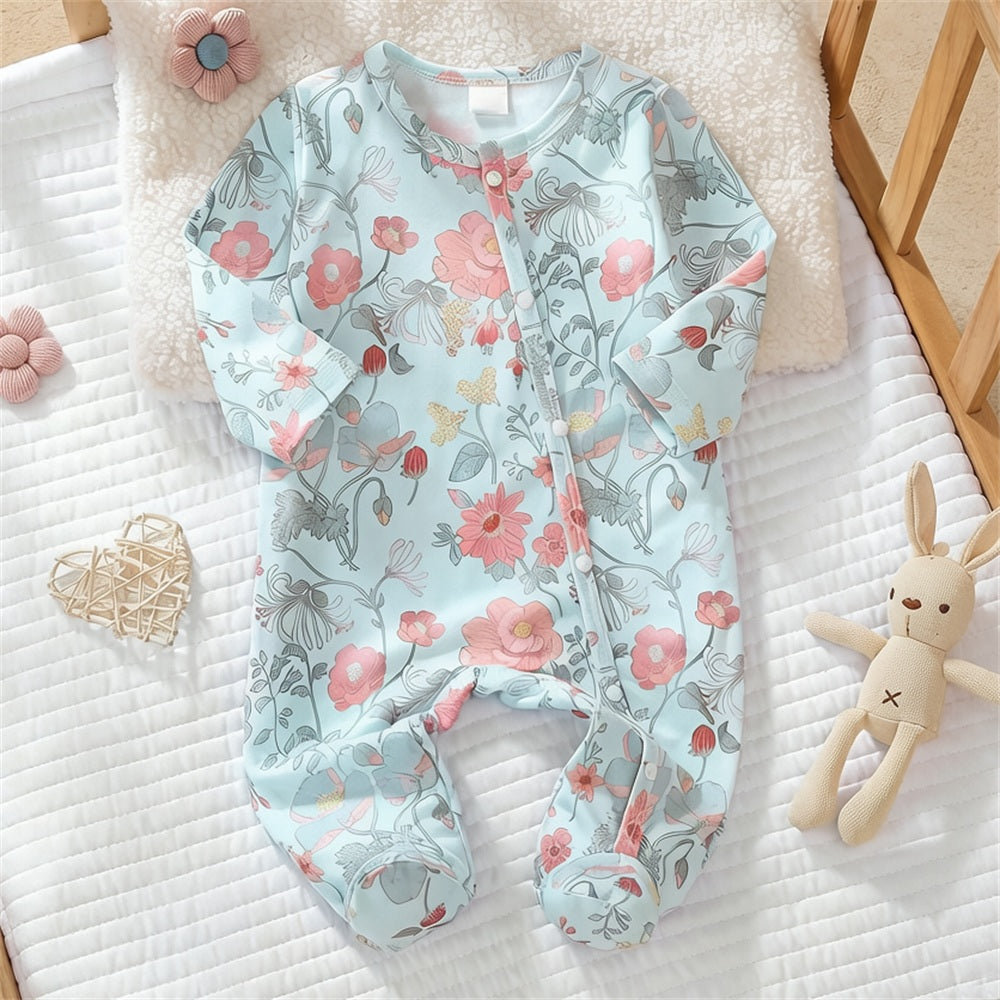 Graceful Floral Print Long Sleeve Baby Jumpsuit