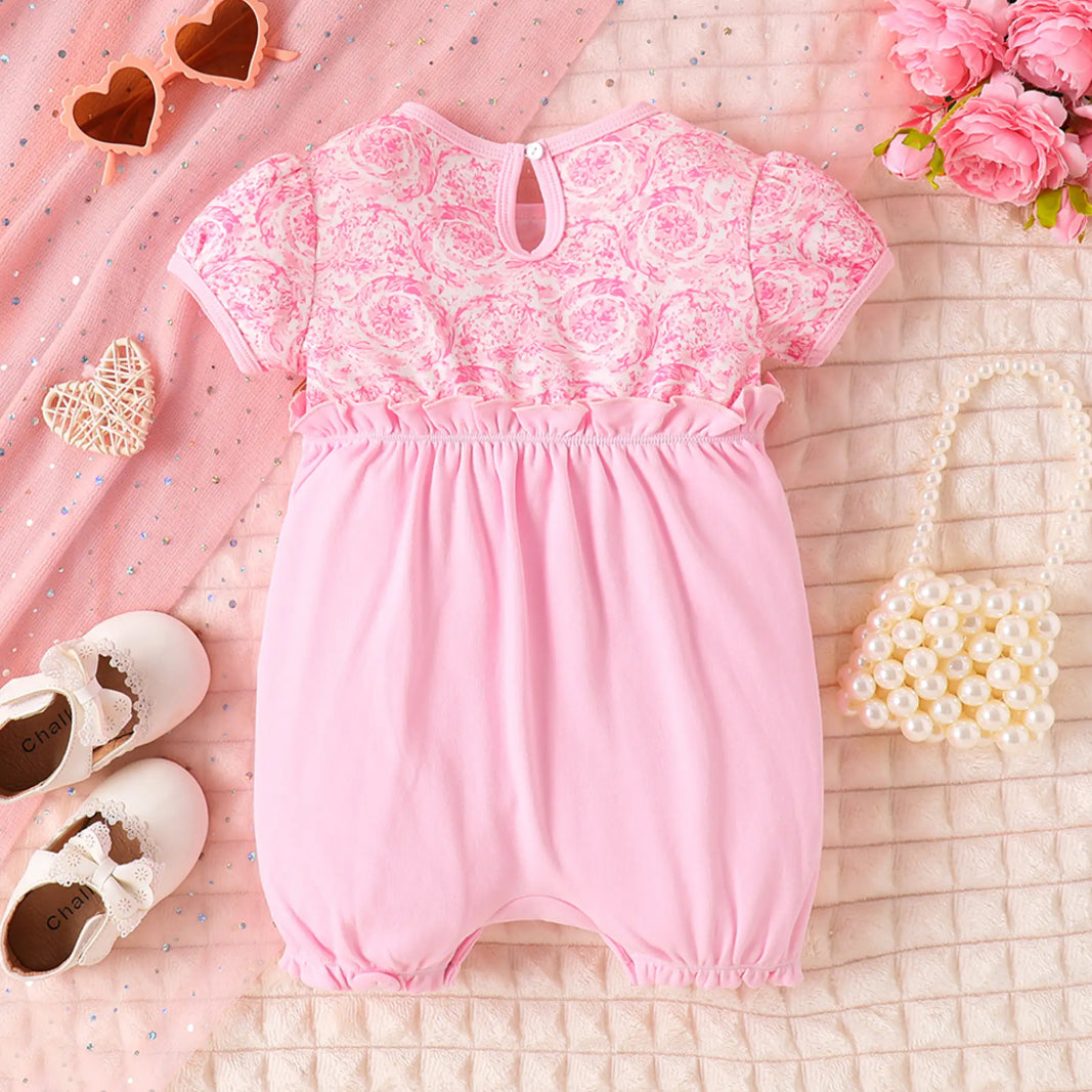 Sweet Floral Printed Fake Two Pieces Short Sleeve Baby Romper