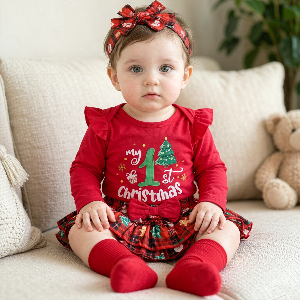 4PCS My 1st Christmas Letter Plaid Printed Long Sleeve Baby Set
