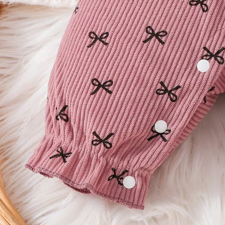 2PCS Sweet Faux Two Piece Bow Print Baby Girl Corduroy Jumpsuit