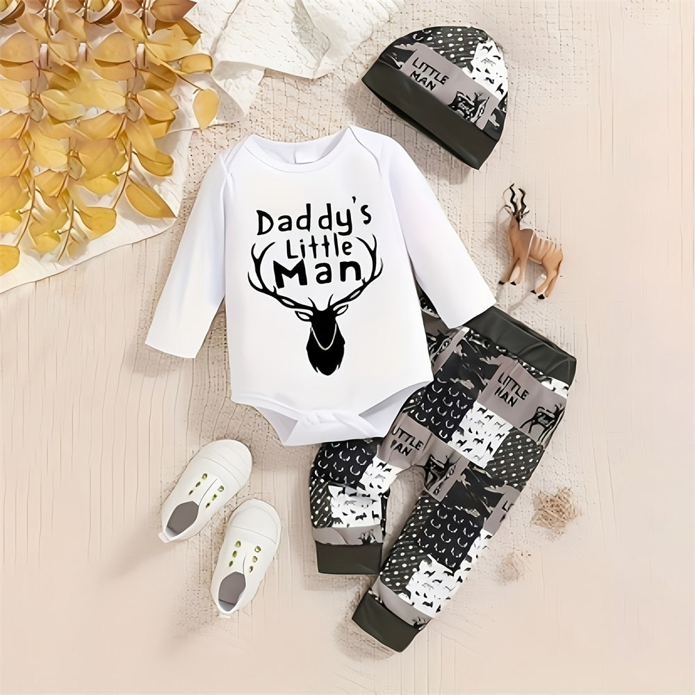 3PCS Daddy's Little Man Letter Deer Print Baby Set