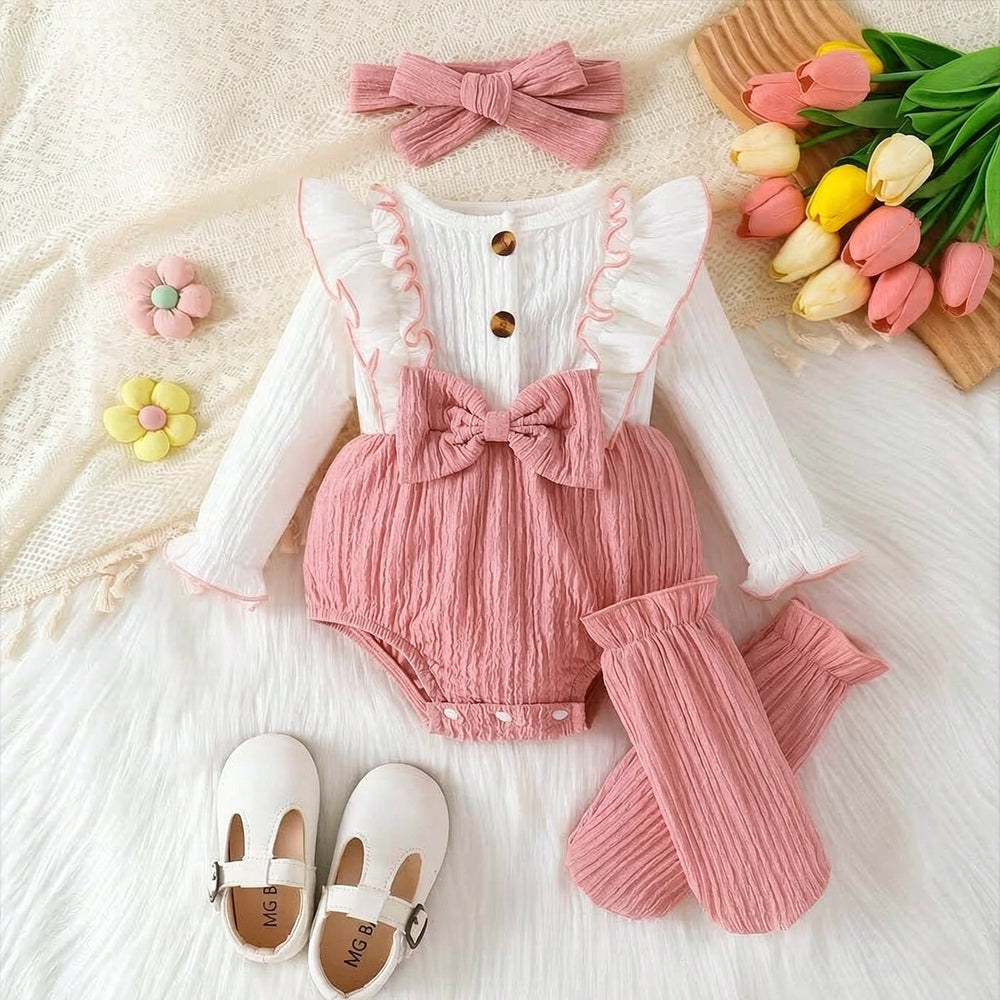 3PCS Color Block Long Sleeve Baby Girl Romper