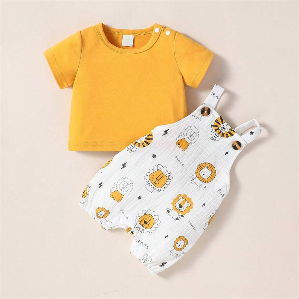 2PCS Adorable Lion Printed Short Sleeve Baby Overalls Set