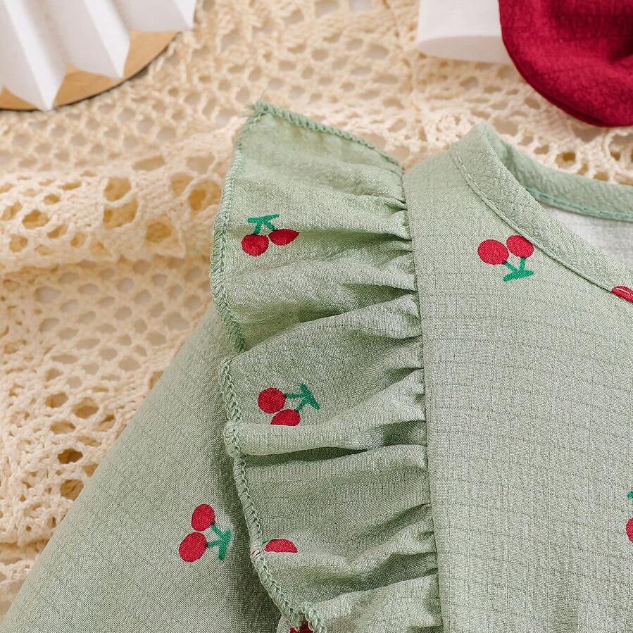 2PCS Fresh Cherry Print Bow Long Sleeve Baby Jumpsuit