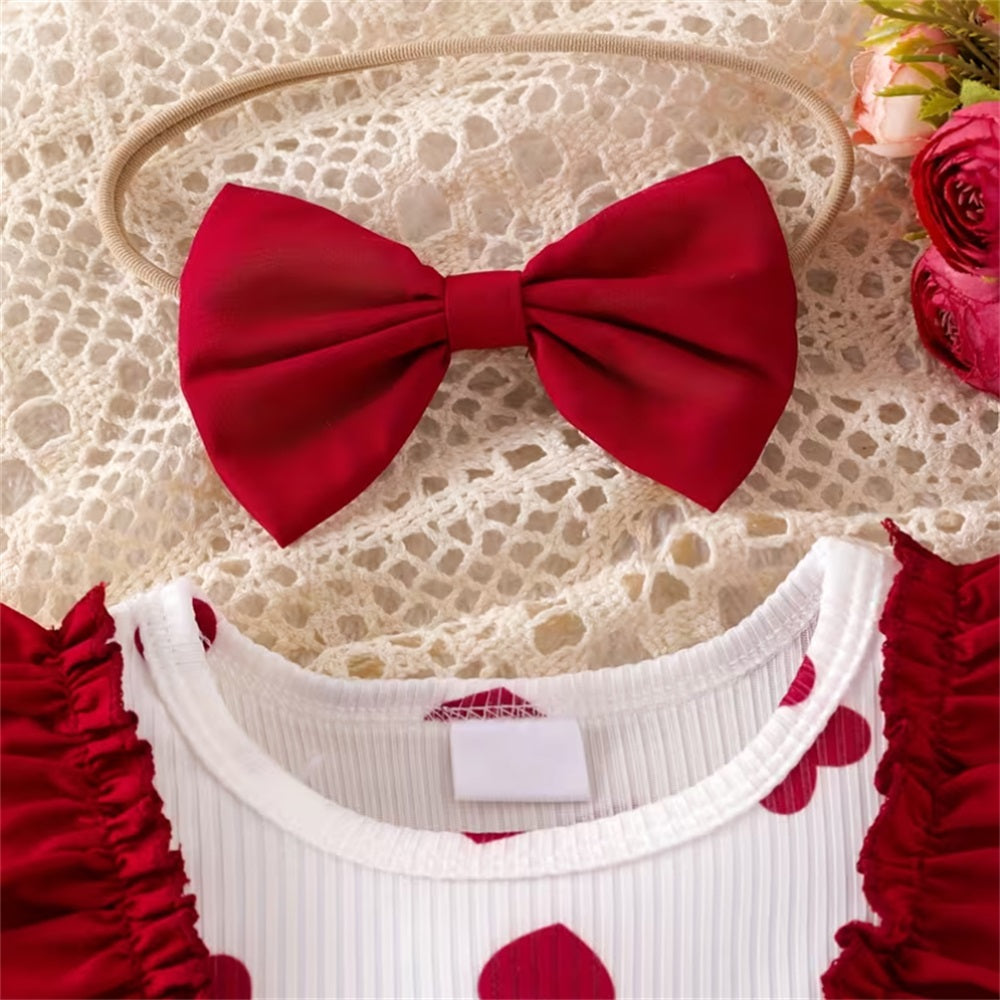 3PCS Trend Heart Print Ruffle Shoulder Long Sleeve Baby Romper