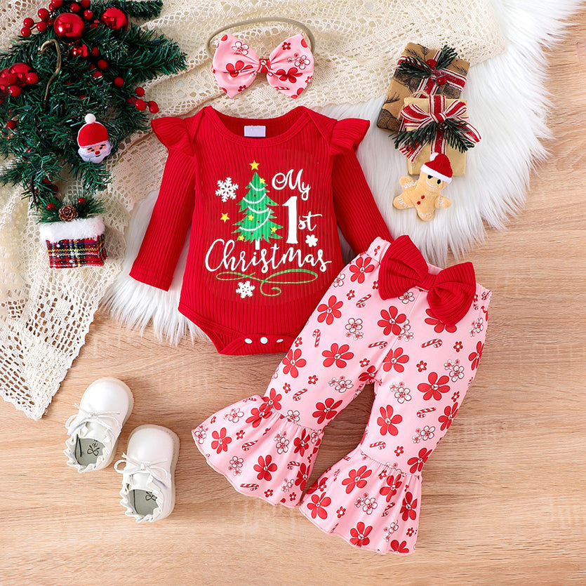 3PCS Christmas Floral Printed Long Sleeve Baby Set