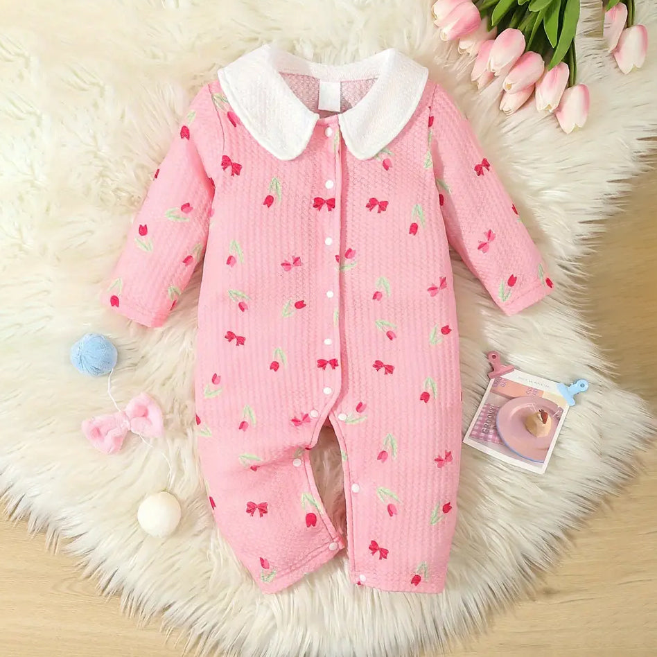 Cartoon Tulip Bowknot Printed Turndown Collar Long Sleeve Baby Jumpsuit