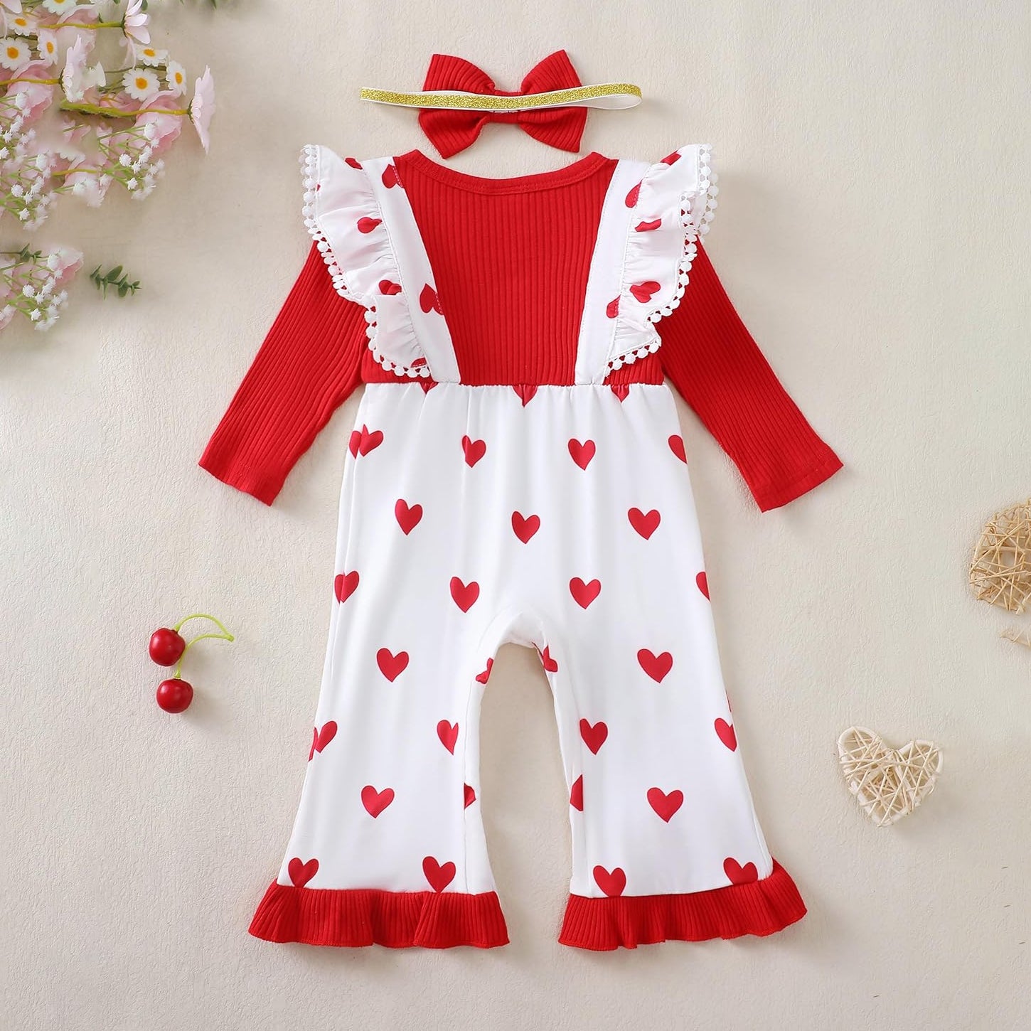 2PCS Grace Heart Print Long Sleeve Baby Jumpsuit